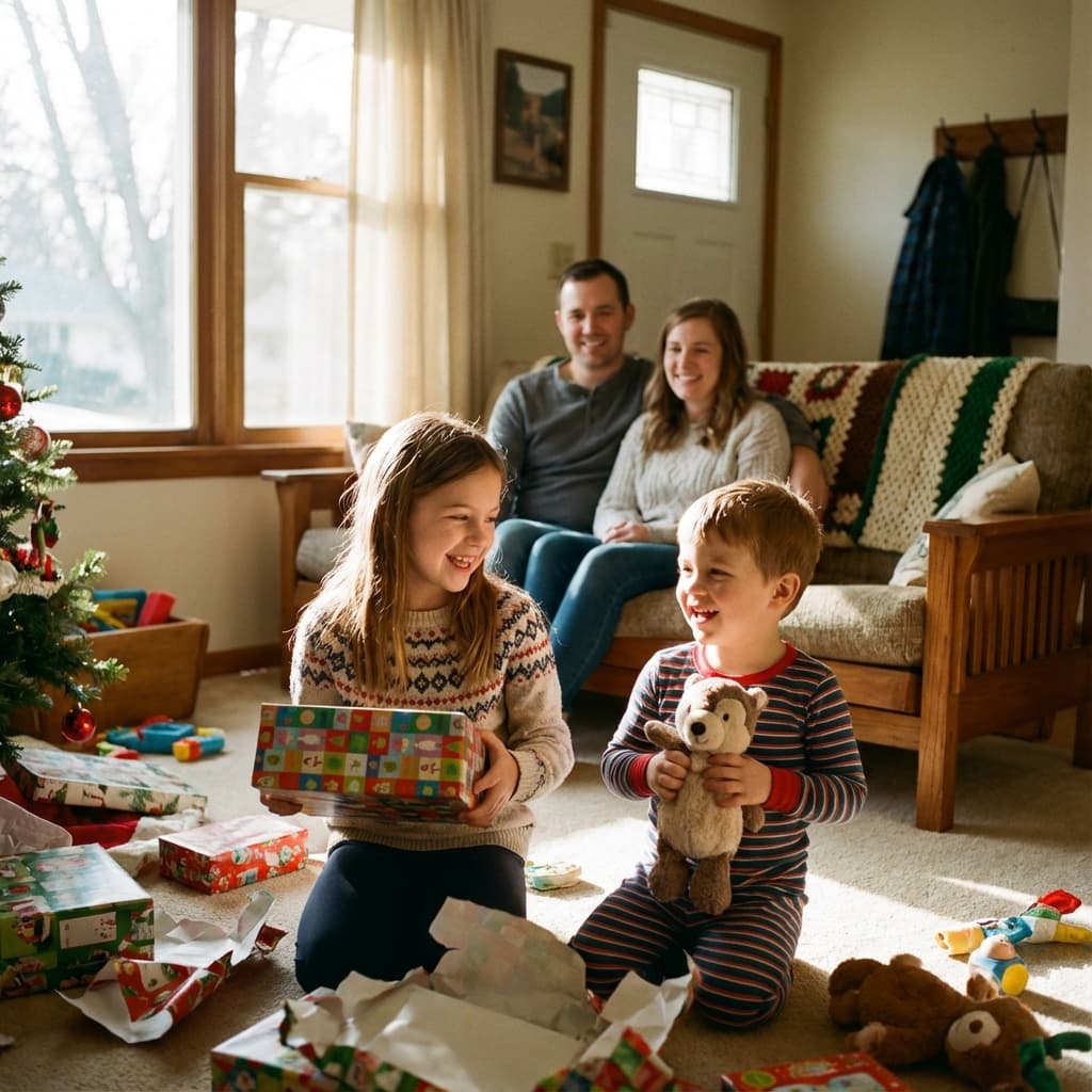 Parent relaxing on couch while managing gift lists on phone